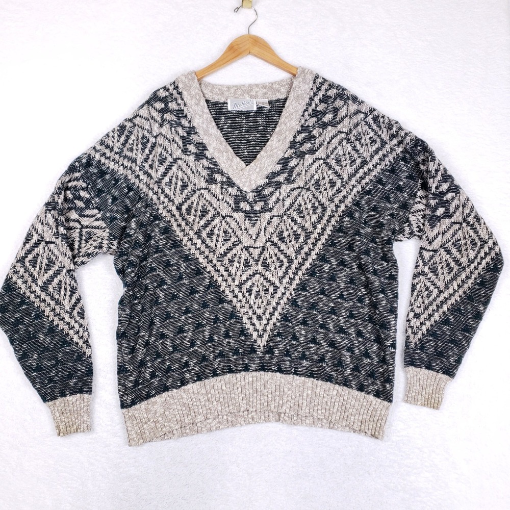 Method VTG V Neck Sweater‎ Mens 2X Chunky Knit Fair Isle Grandpa 90s Blue Beige